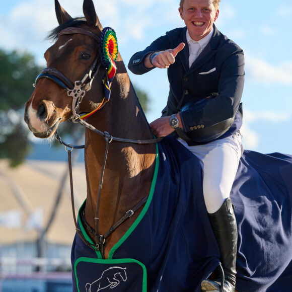 Gold tour 1m50 - Grand Prix, prize giving, Matthew Sampson, GBR, GENEVE R Matthew Sampson and Geneve R win the CSI3* CHG Grand Prix at Autumn MET III 2021