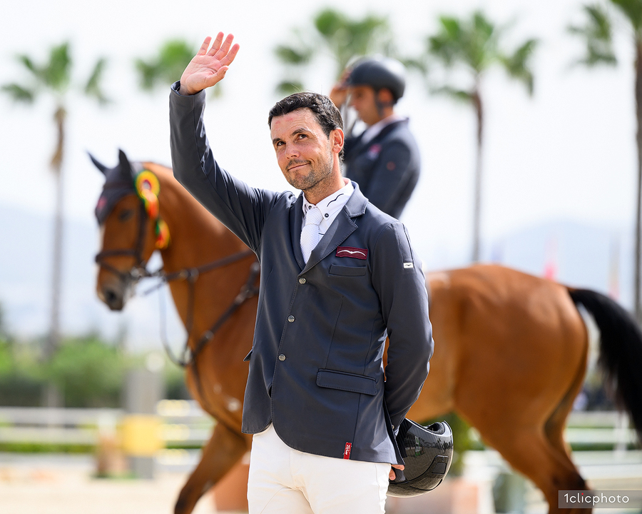Gold tour 1m45 - Grand Prix, prize giving, Sergio Alvarez Moya, ESP, JACKSON Sergio Alvarez Moya and Jackson top a Spanish podium in the CSI2* 1.45m Grand Prix presented by Dammann Reitplatz. -u. Sportplatzbau GmbH at Spring MET IV 2024